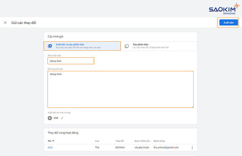 Điền thông tin phiên bản và Xuất bản Thẻ Google Analytics 4 Cài đặt Google Analytics bằng Tag Manager - Điền thông tin phiên bản và Xuất bản Thẻ Google Analytics 4