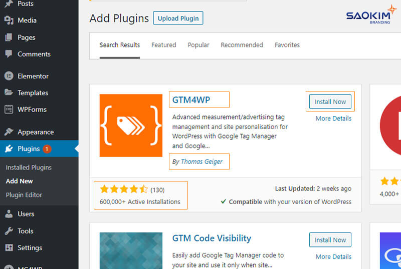 Cài đặt Plugins GTM4WP Cài đặt Google Tag Manager cho website WordPress - Bước Cài đặt Plugins GTM4WP