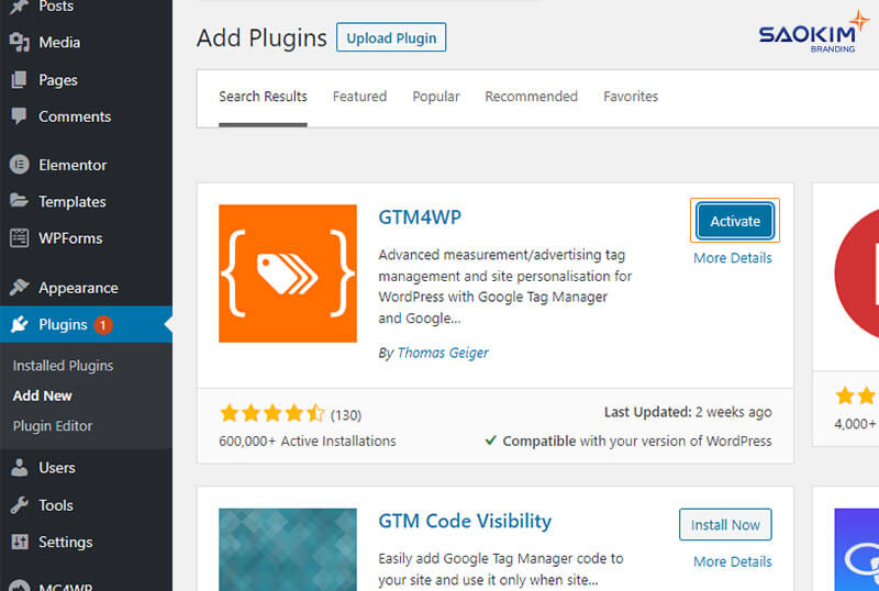 Kích hoạt Plugins GTM4WP Cài đặt Google Tag Manager cho website WordPress - Bước Kích hoạt Plugins GTM4WP