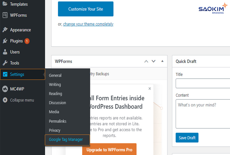 Truy cập Plugins GTM4WP Cài đặt Google Tag Manager cho website WordPress - Bước Truy cập Plugins GTM4WP