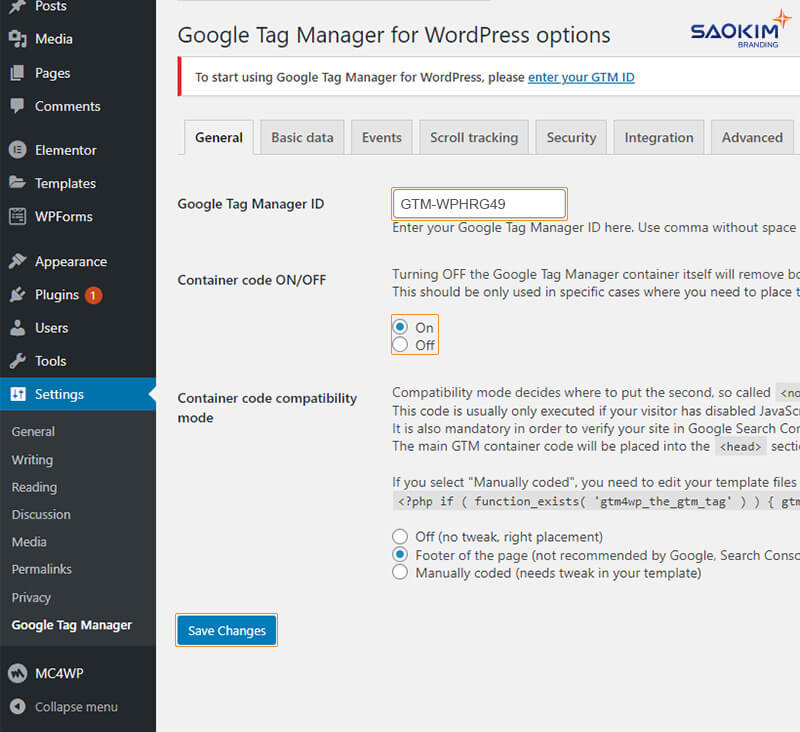 Dán Google Tag Manager ID Cài đặt Google Tag Manager cho website WordPress - Bước Dán Google Tag Manager ID