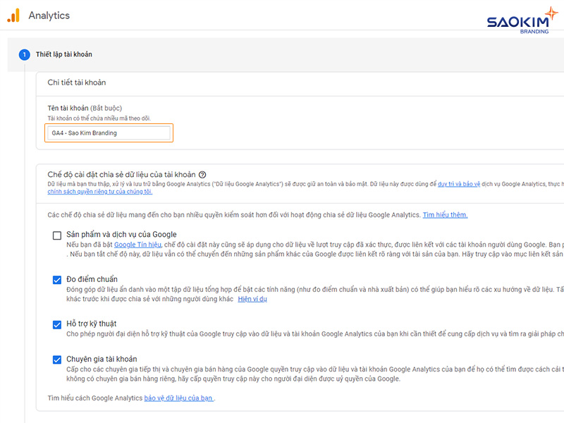 Thiết lập thông tin ban đầu (tài khoản) Cài đặt tài khoản Google Analytics - Thiết lập thông tin ban đầu (tài khoản)