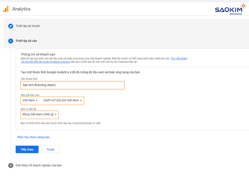 Thiết lập tài sản Cài đặt tài khoản Google Analytics - Thiết lập tài sản