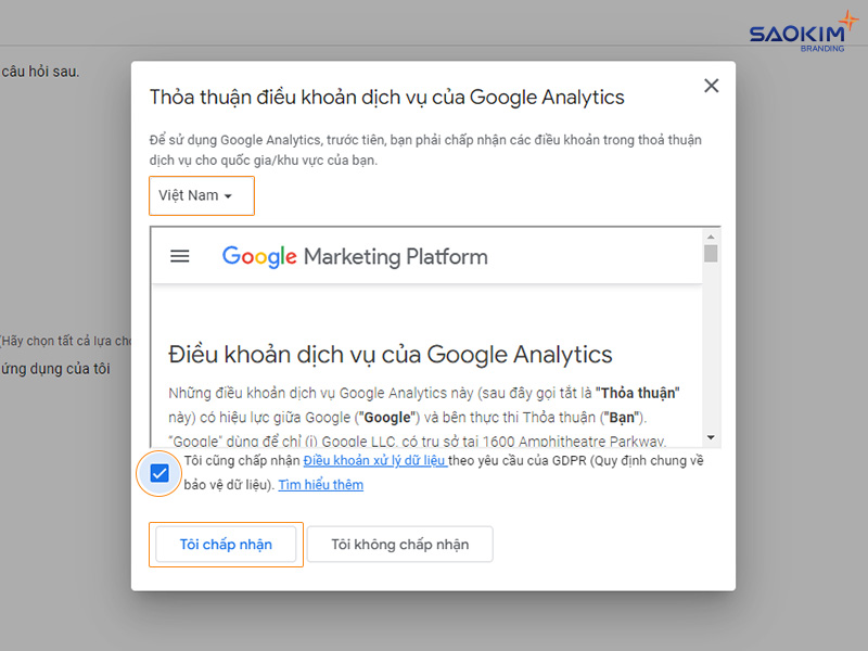 Đồng ý điều khoản dịch vụ Cài đặt tài khoản Google Analytics - Đồng ý điều khoản dịch vụ