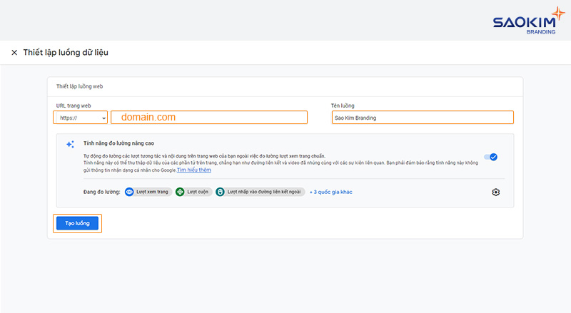 Điền tên miền và đặt tên luồng dữ liệu Cài đặt tài khoản Google Analytics - Điền tên miền và đặt tên luồng dữ liệu
