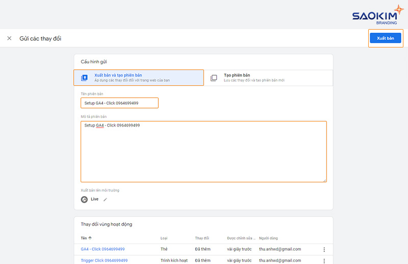 Điền thông tin phiên bản Cài đặt chuyển đổi click gọi điện bằng Google Tag Manager - Điền thông tin phiên bản