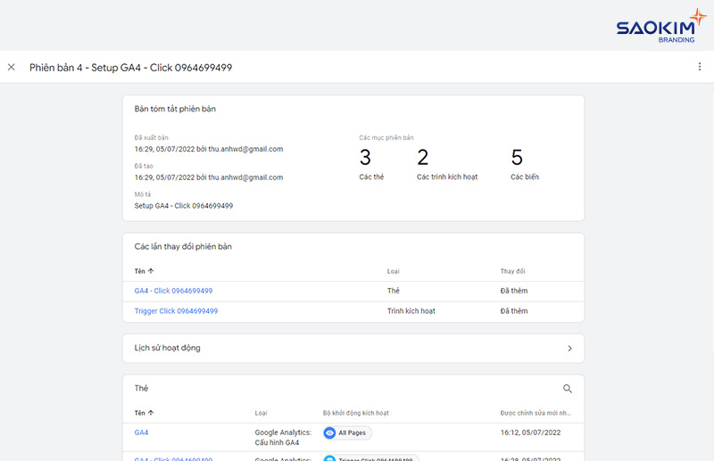 Thông tin phiên bản Cài đặt chuyển đổi click gọi điện bằng Google Tag Manager - Thông tin phiên bản