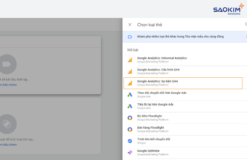 Chọn loại thẻ là Google Analytics: Sự kiện GA4 Cài đặt chuyển đổi click gọi điện bằng Google Tag Manager - Chọn loại thẻ là Google Analytics: Sự kiện GA4