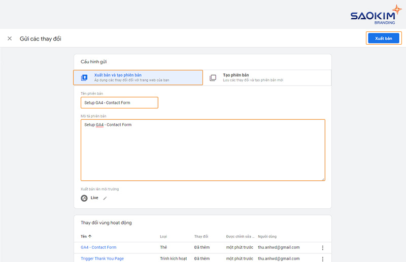 Điền thông tin phiên bản Cài đặt chuyển đổi điền Form bằng Google Tag Manager - Điền thông tin phiên bản