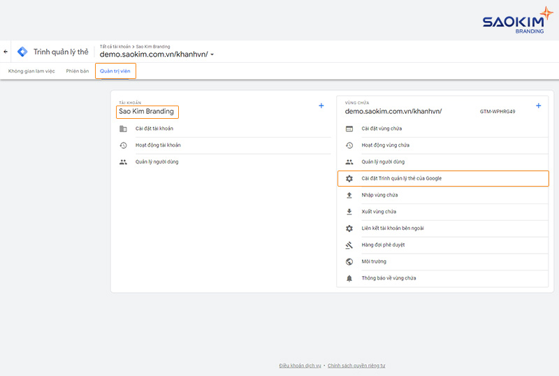 Lấy mã Google Tag Manager Cài đặt Google Tag Manager vào website - Bước Lấy mã Google Tag Manager