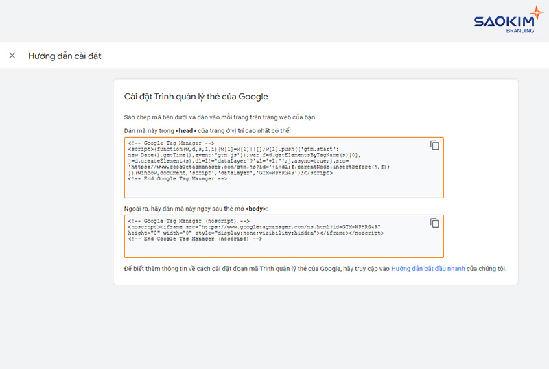 Copy mã Google Tag Manager Cài đặt Google Tag Manager vào website - Bước Copy mã Google Tag Manager
