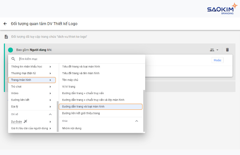 Chọn loại điều kiện gộp đối tượng Tạo đối tượng tùy chỉnh trong Google Analytics 4 - Chọn loại điều kiện gộp đối tượng